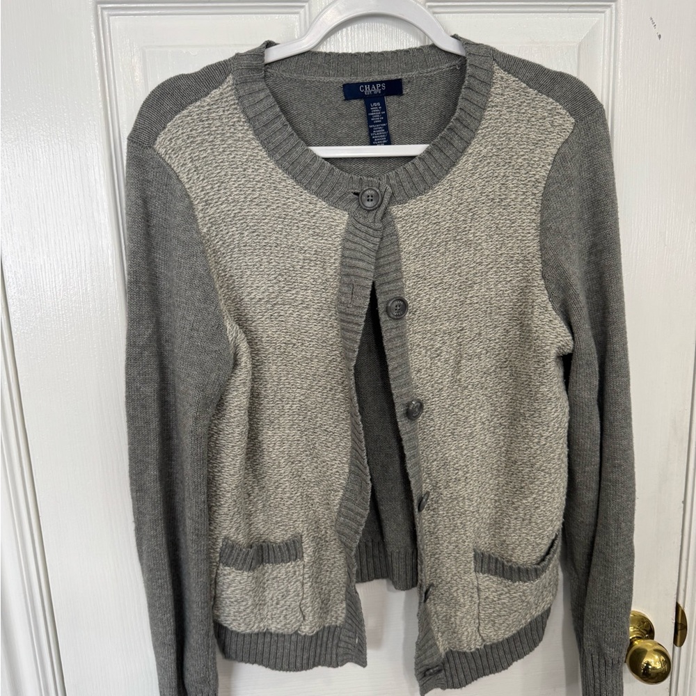 Chaps Two-Tone Gray Crewneck Button Cardigan